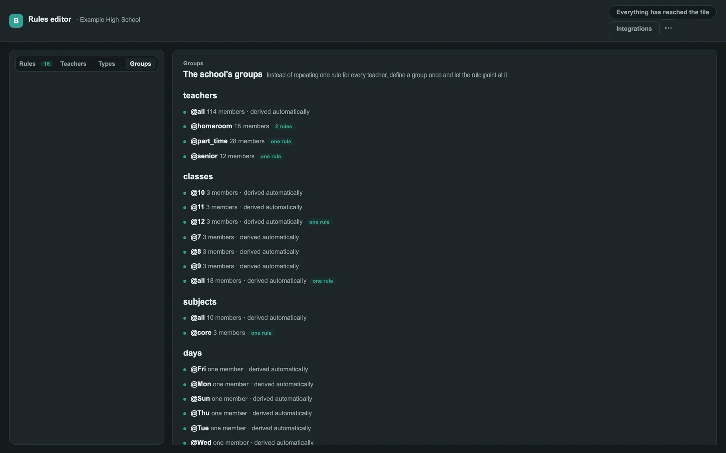 The groups view: groups of teachers, classes, subjects, days and periods, with member counts and how many rules use each.