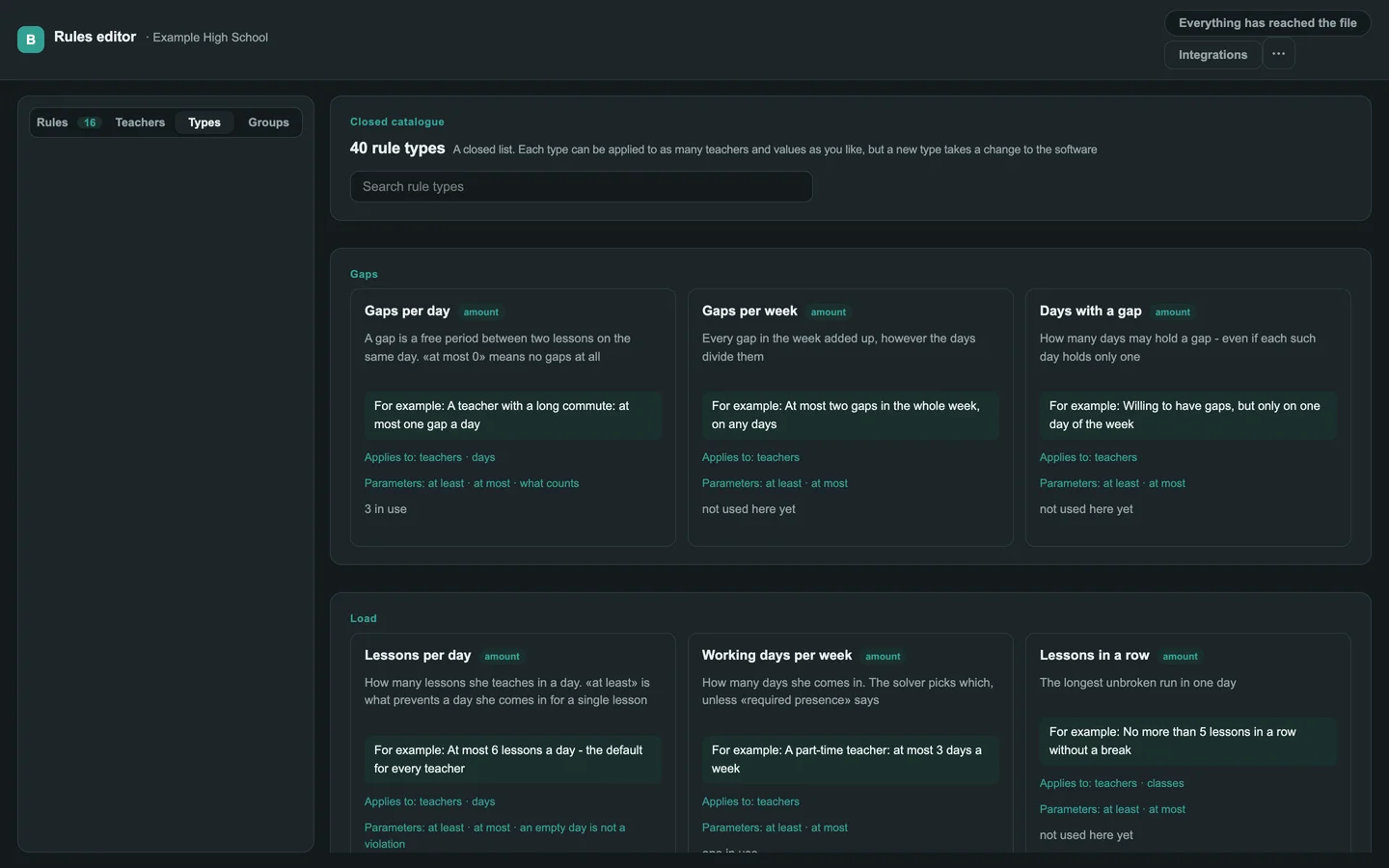 The rule-type catalogue: cards grouped by topic, each with an explanation, an example, what it applies to, and how often it is used.