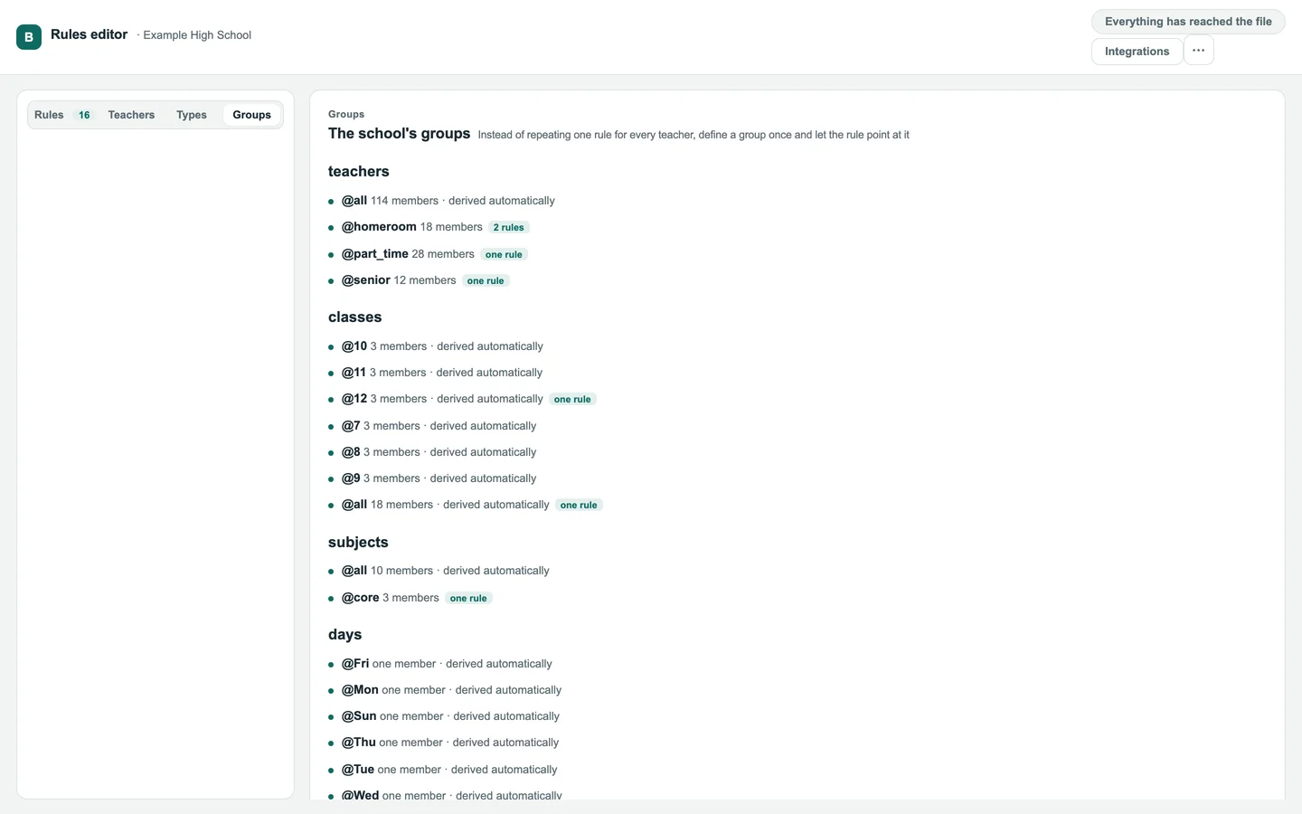 The groups view: groups of teachers, classes, subjects, days and periods, with member counts and how many rules use each.