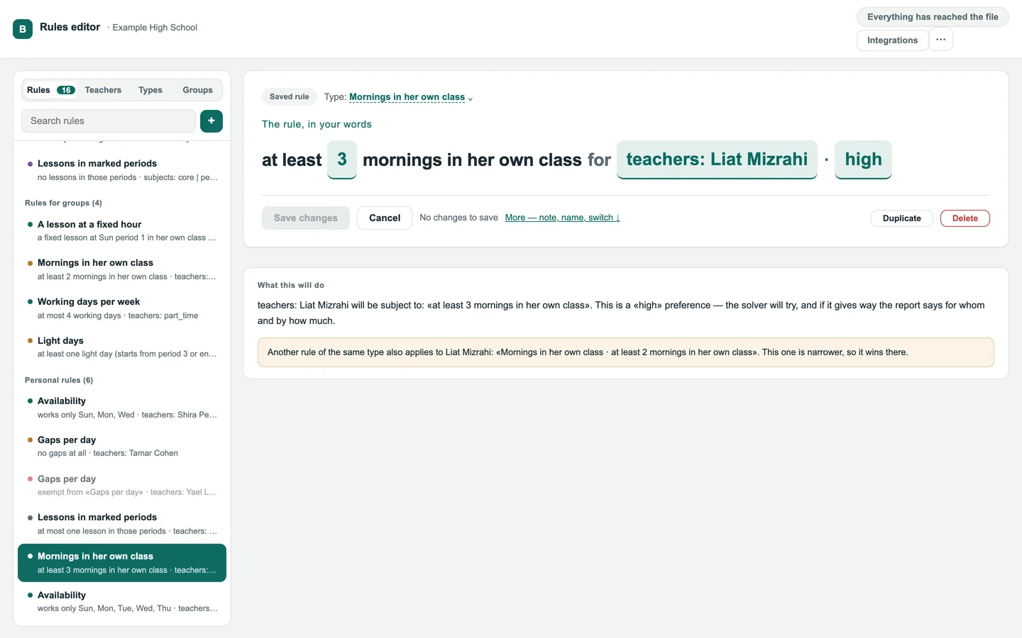 The rules editor: the rule “at least 3 mornings in her own class for Liat Mizrahi · high”, with an explanation of what it will do and a note that it overrides a wider rule.
